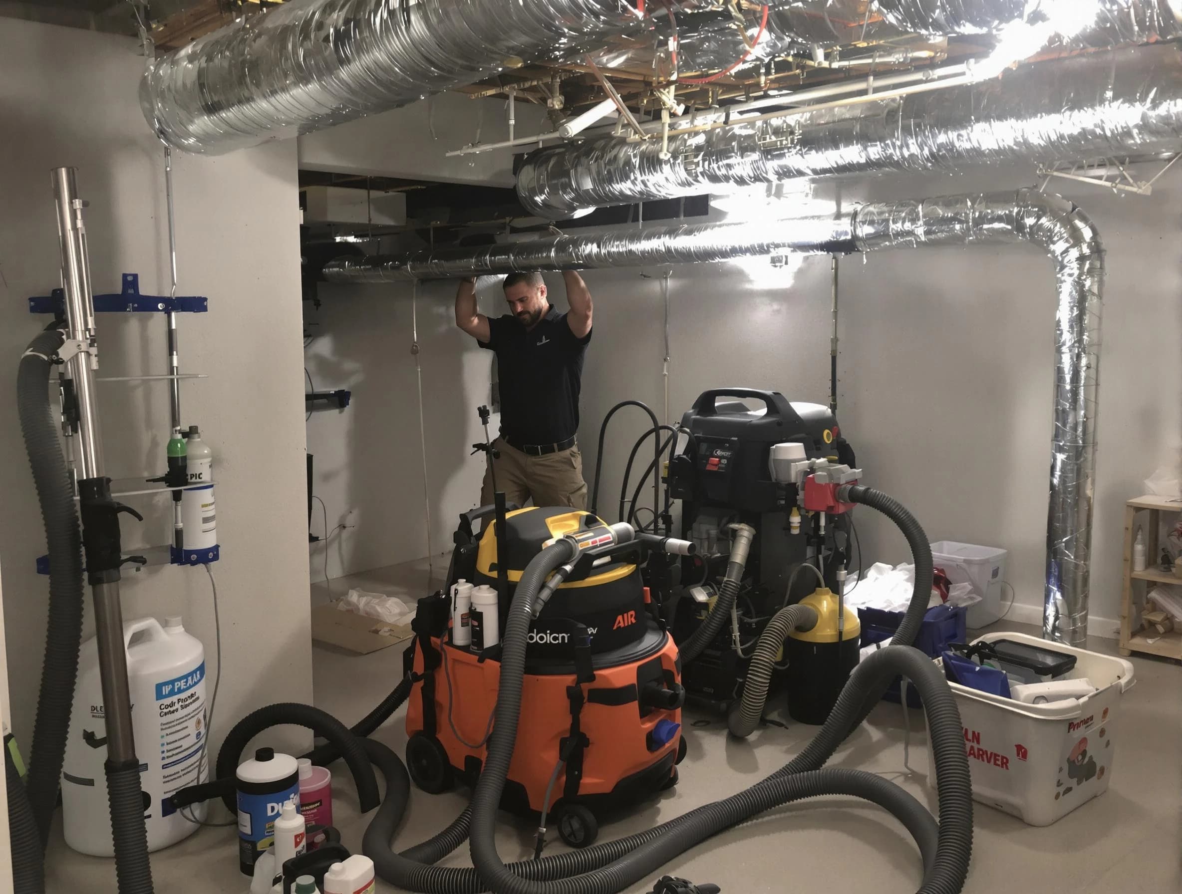 Brookline Air Duct Cleaning specialist performing professional mold removal from air ducts using safety equipment in Brookline