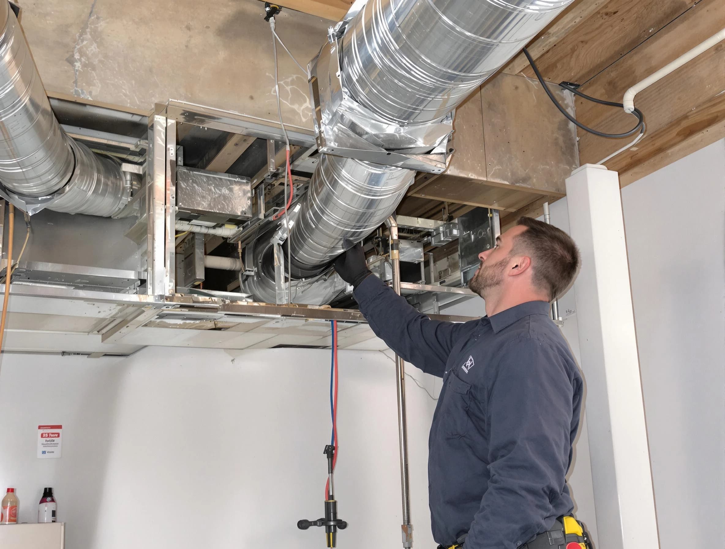 Brookline Air Duct Cleaning technician performing professional air duct repair using specialized tools in Brookline