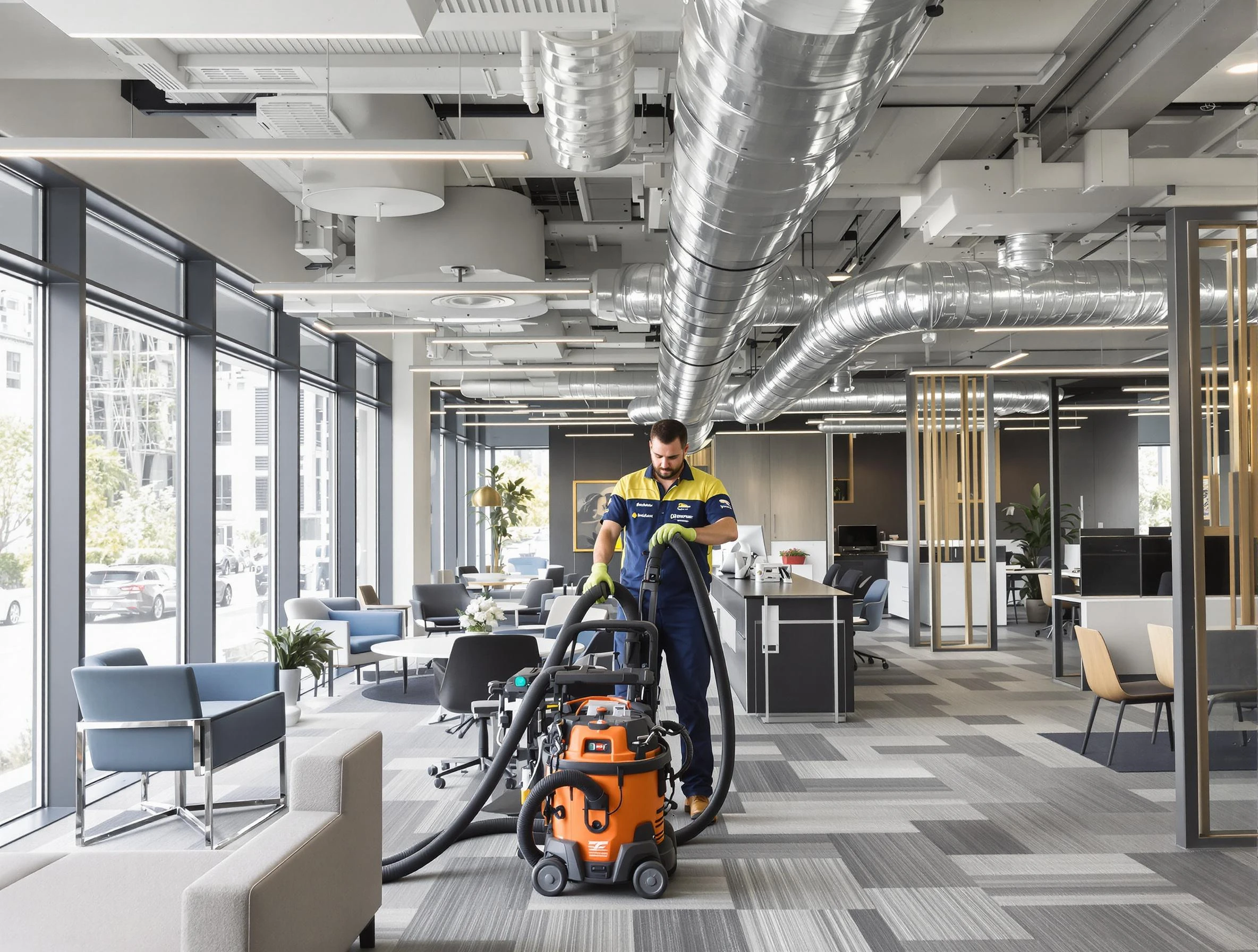 Brookline Air Duct Cleaning team performing thorough commercial duct cleaning at a Brookline business center